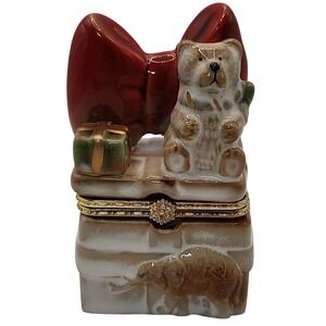 Vintage Porcelain‎ Trinket Box Hinged with Teddy Bear Elephant Red Bow Four Inch